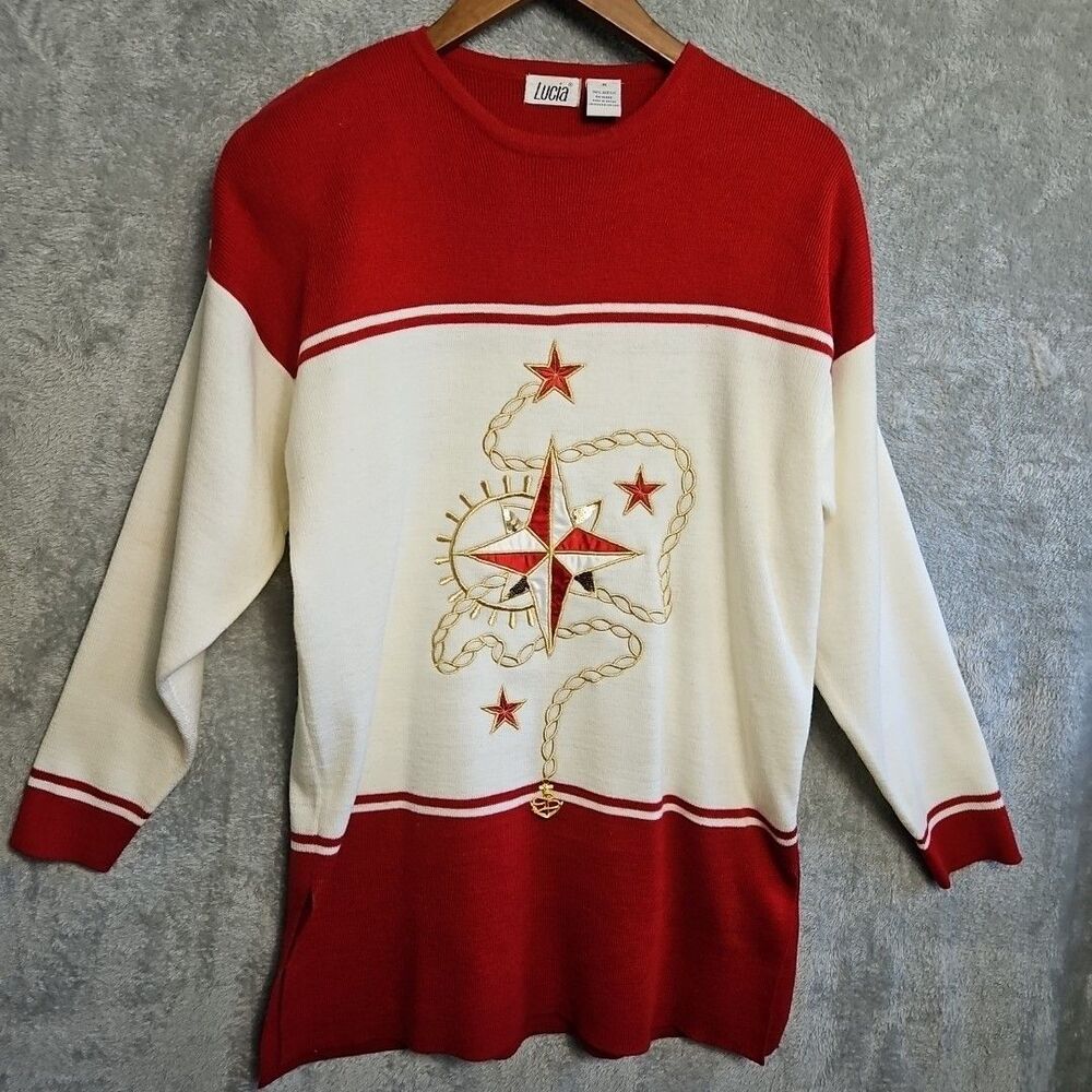 Lucia Women's Sz Med Red White Tunic Sweater Nautical embroidery embellished